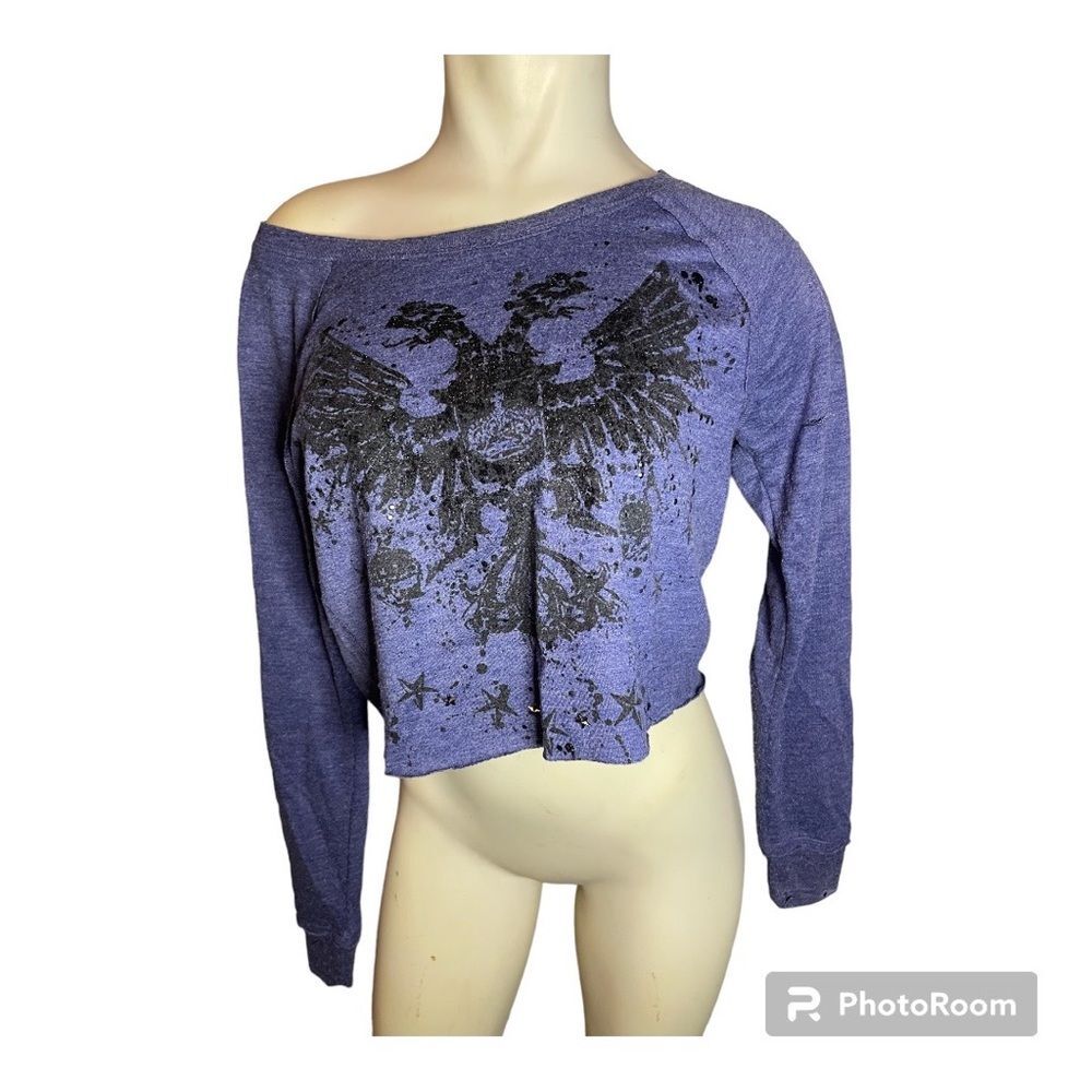 Women’s Rock and Republic Crop Sweatshirt, Purple Distressed Size Medium